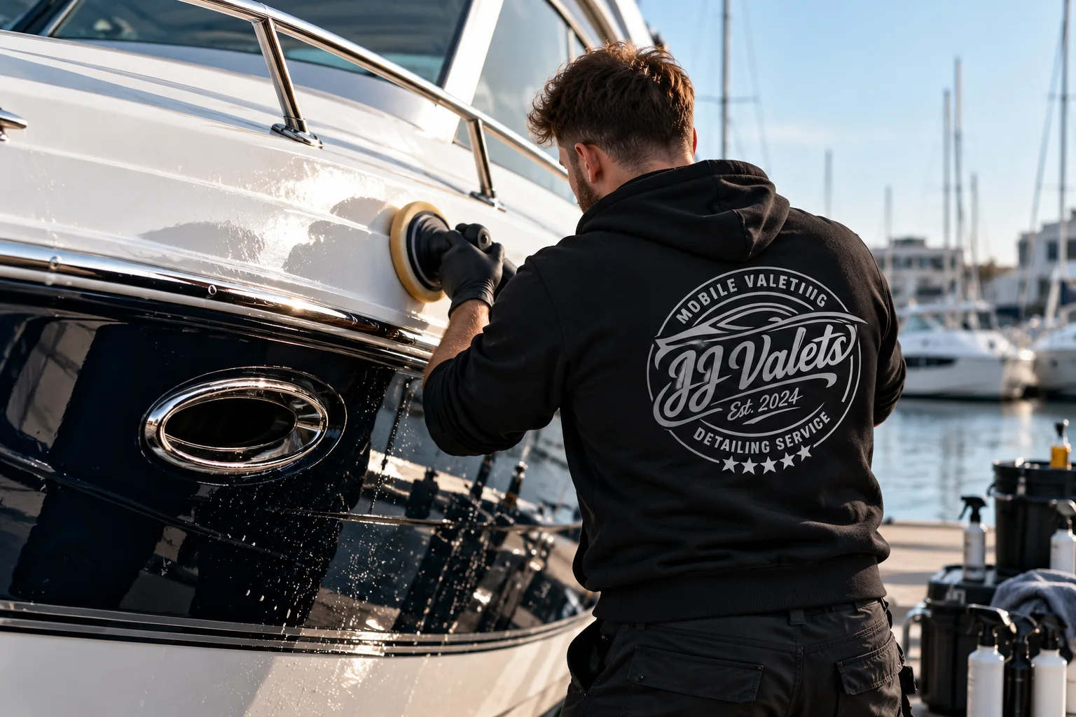 Machine polishing the hull of a motor boat in a marina